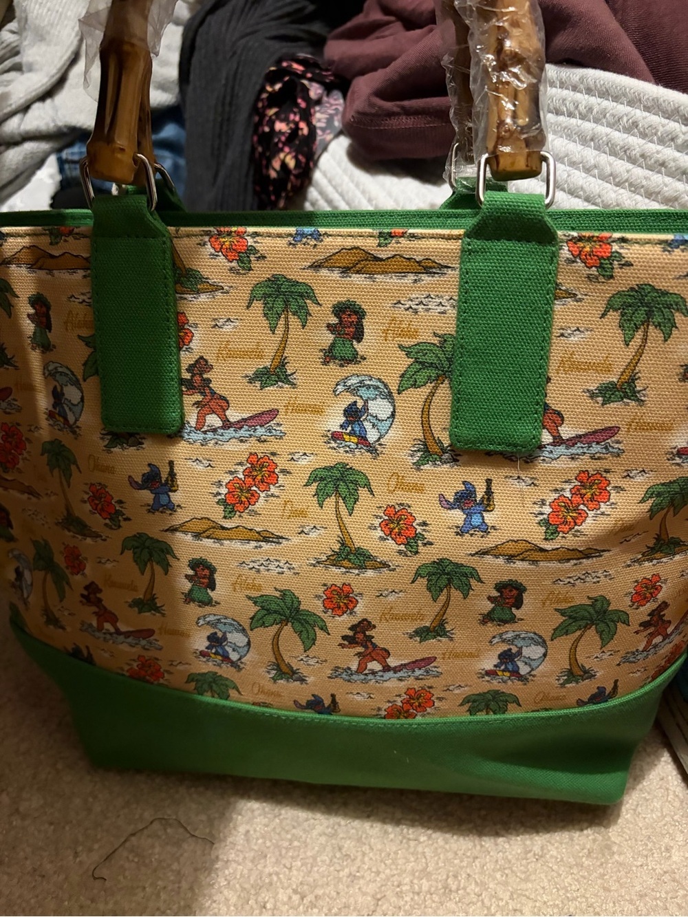 Loungefly Green and Tan Disney Tropical Lilo and Stitch Canvas Tote - Picture 2 of 3
